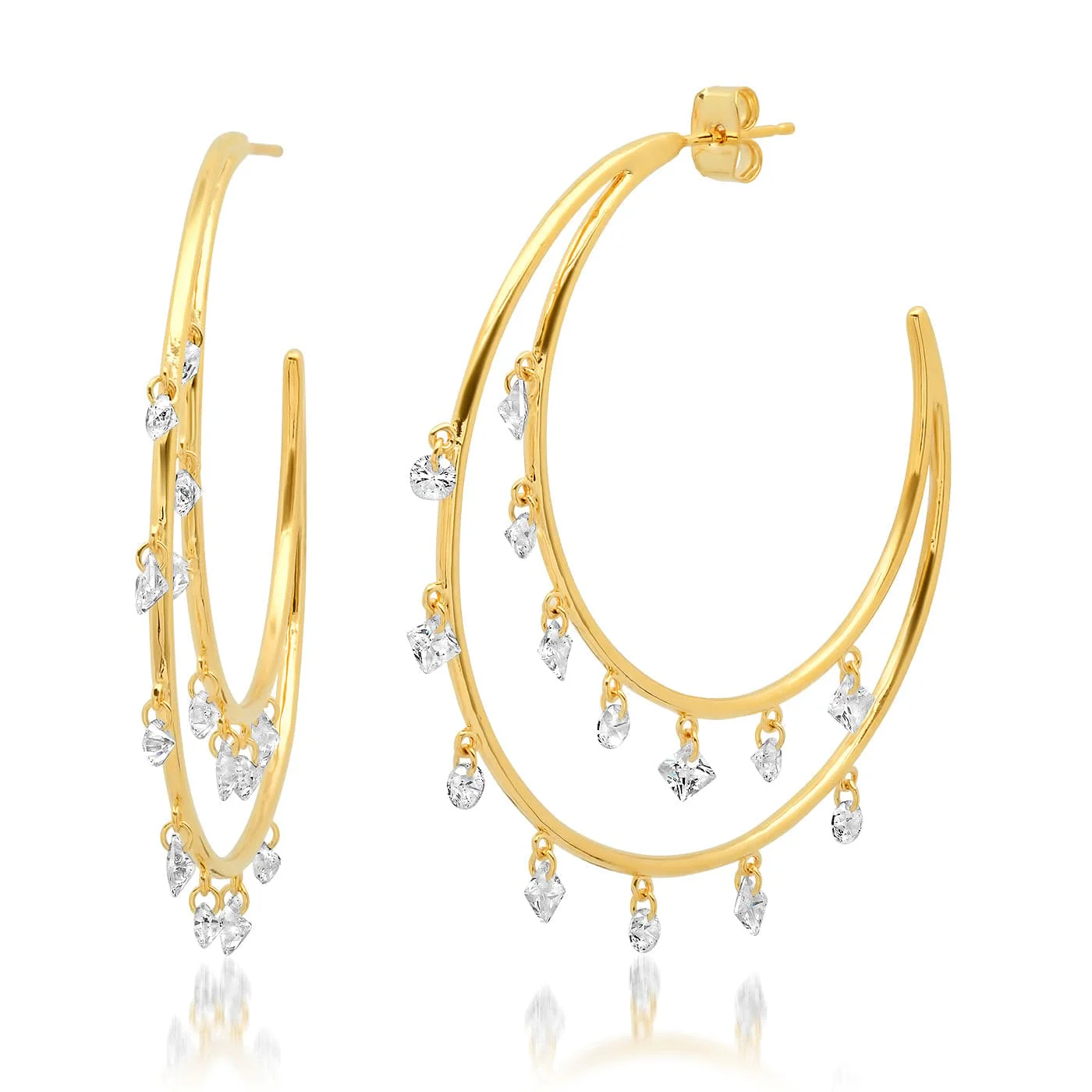 Double Crescent Hoops With Cz Dangle Accents