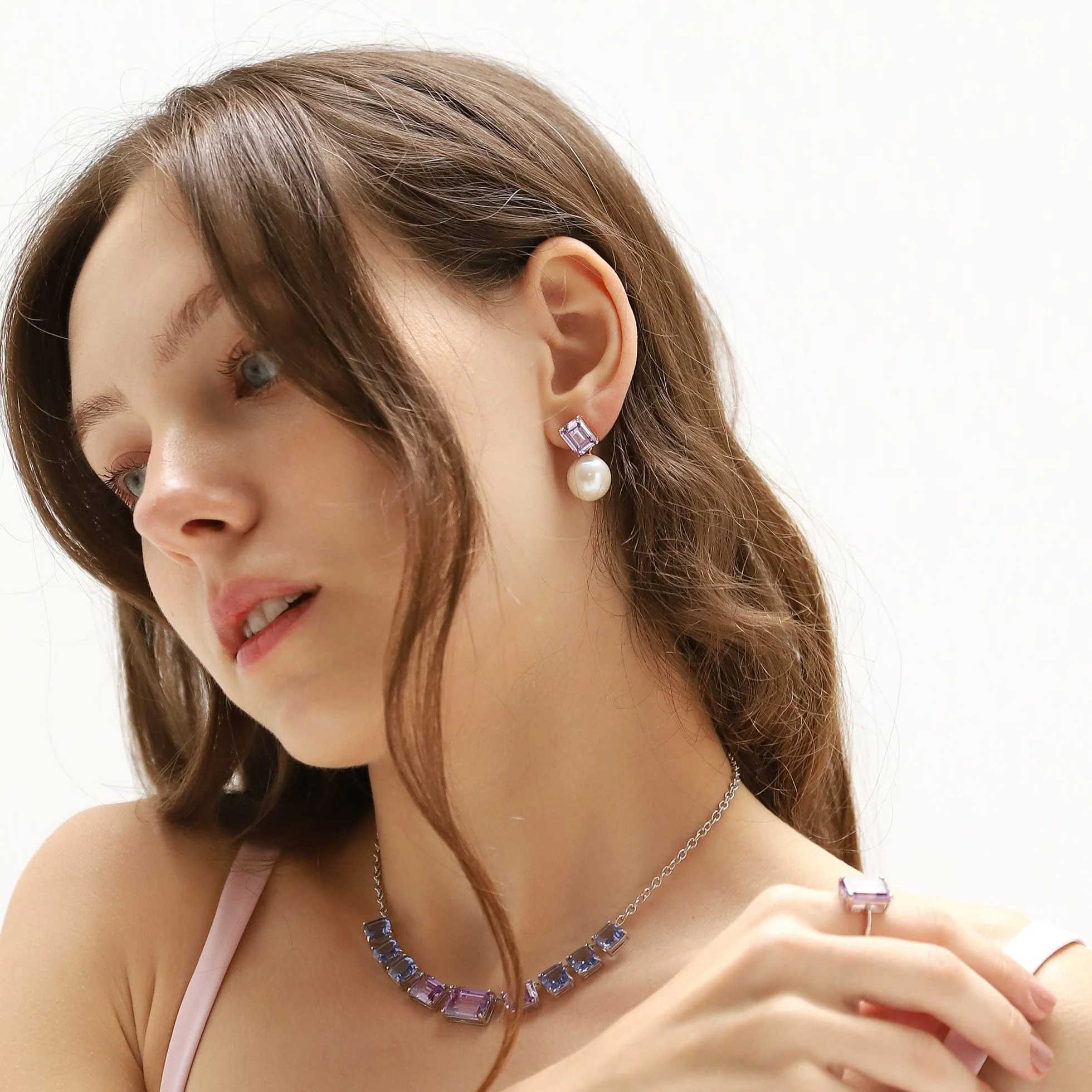 Emerald Cut Glass and Pearl Drop Earrings - Image 5