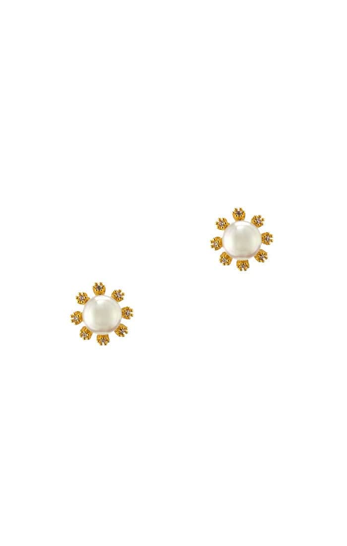 Freshwater Pearl Stud With Gold And Cz Flower Detail