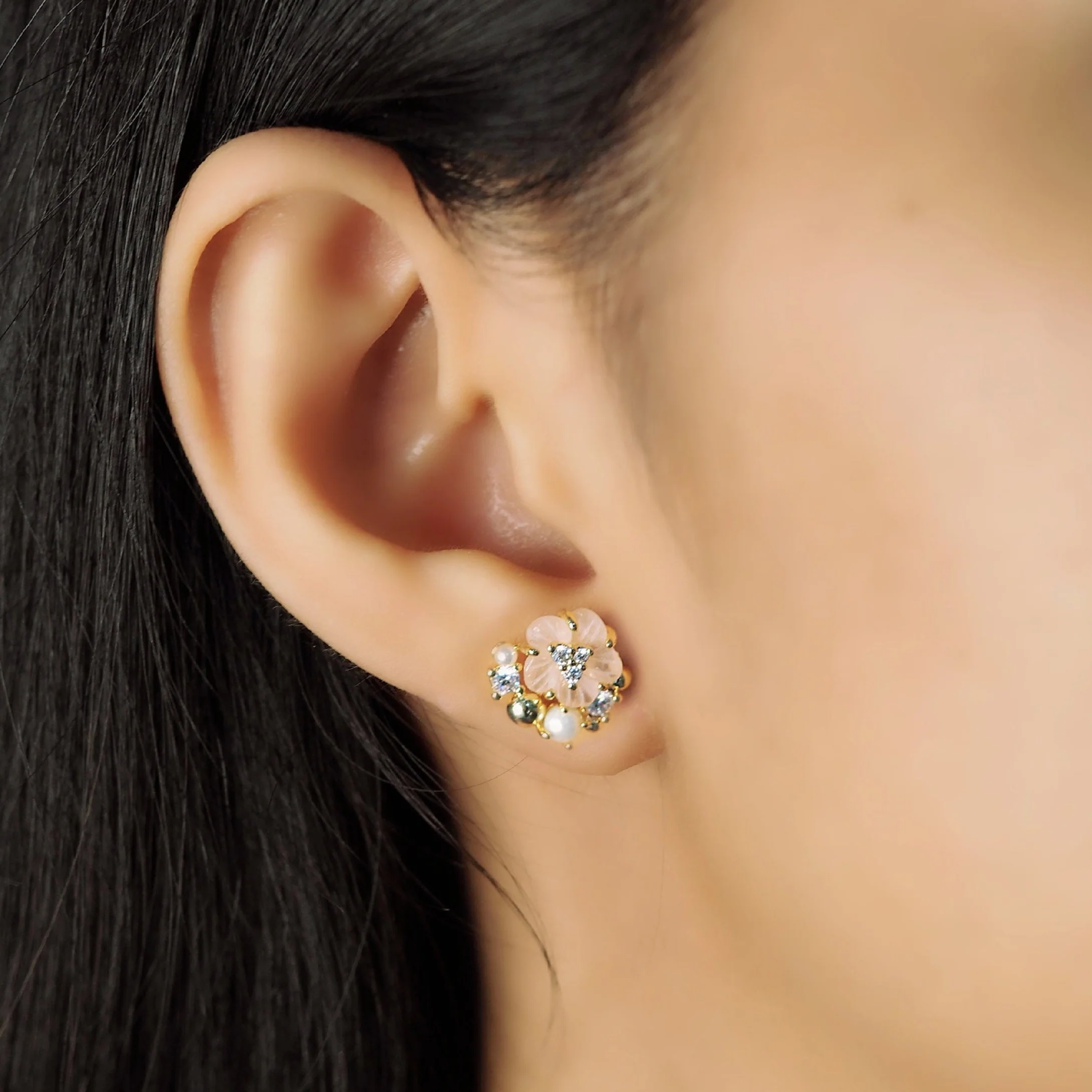 Glass Flower Stud with Pearl Accents - Image 2