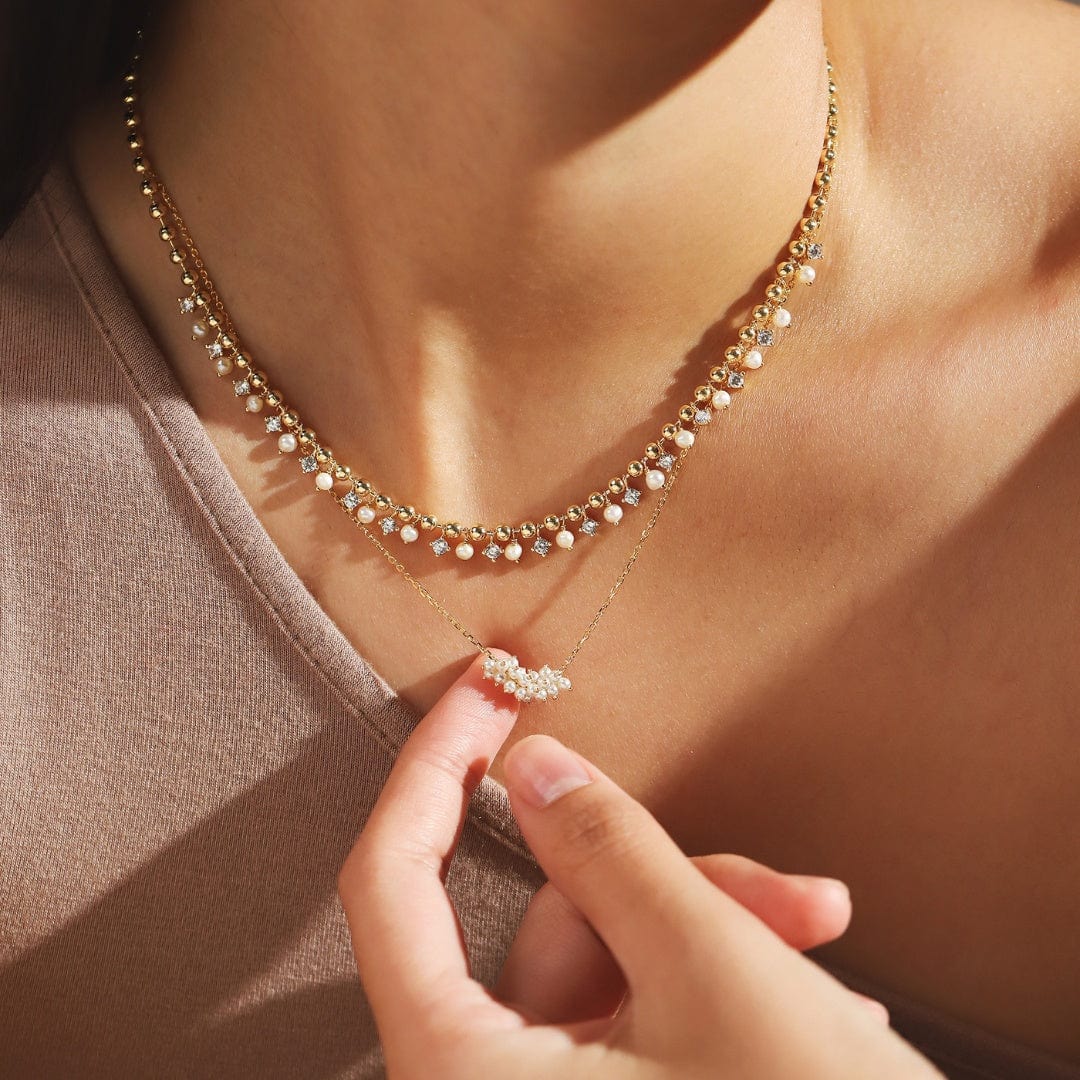 Gold Ball Necklace with Alternating CZ and Pearl Stones - Image 3