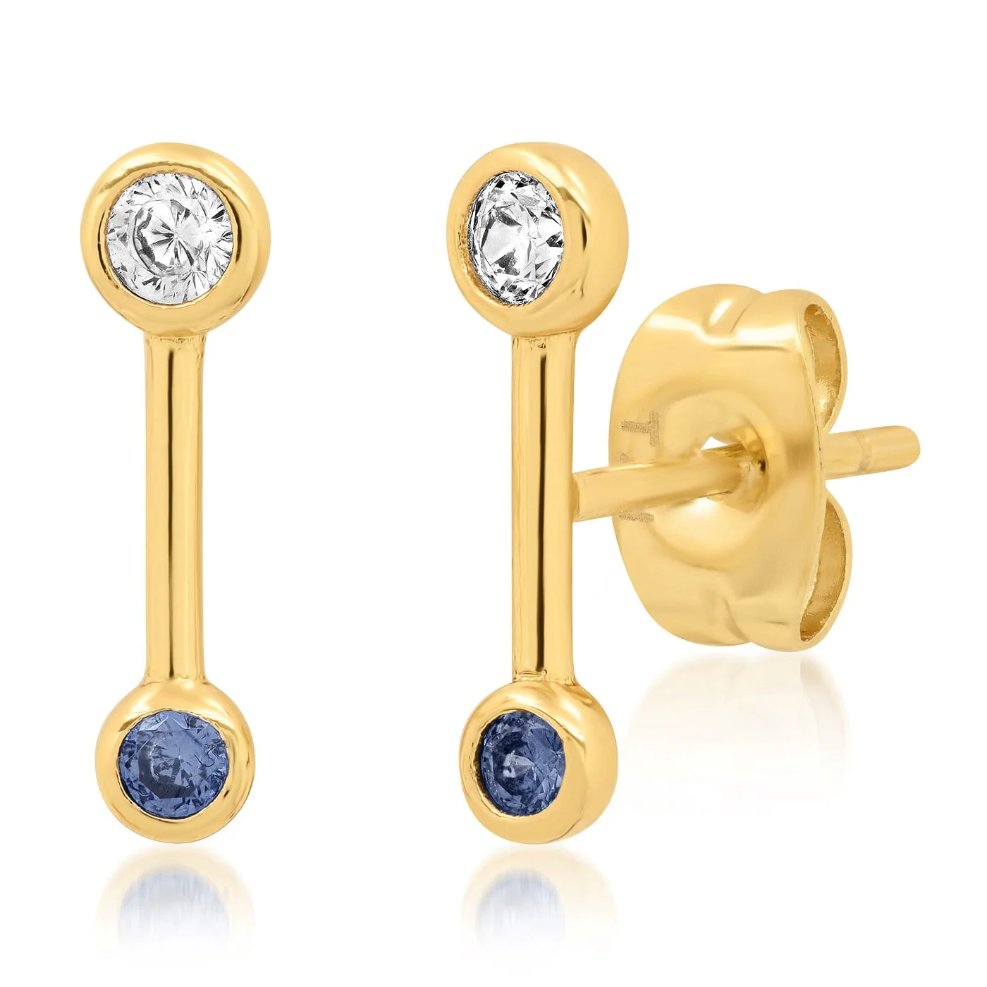 Gold Bar Studs With Cz & Blue Glass Accents