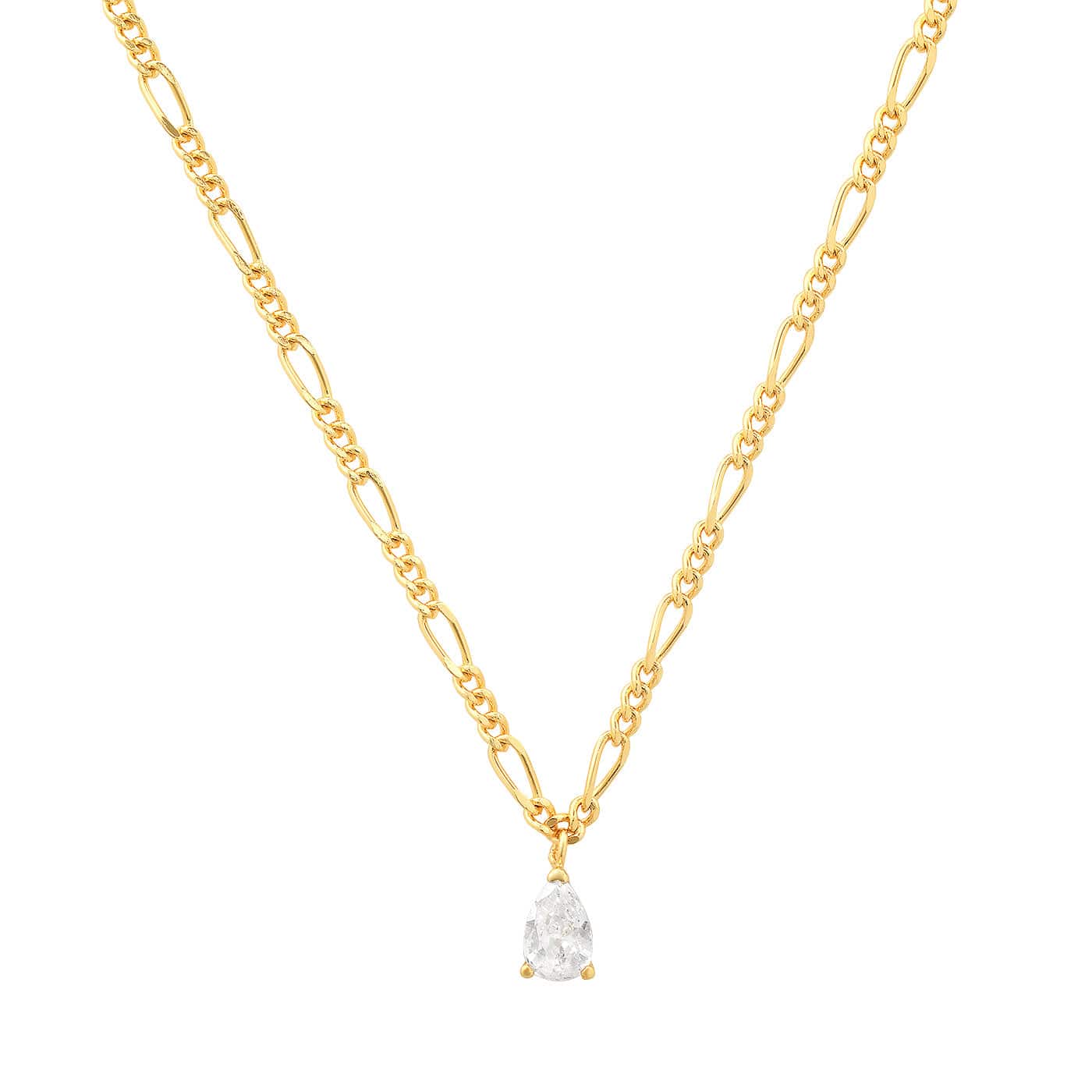 Gold Figaro Chain with Pear Shape CZ Pendant
