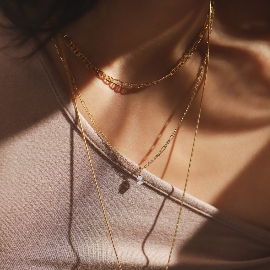 Gold Figaro Chain with Pear Shape CZ Pendant - Image 2