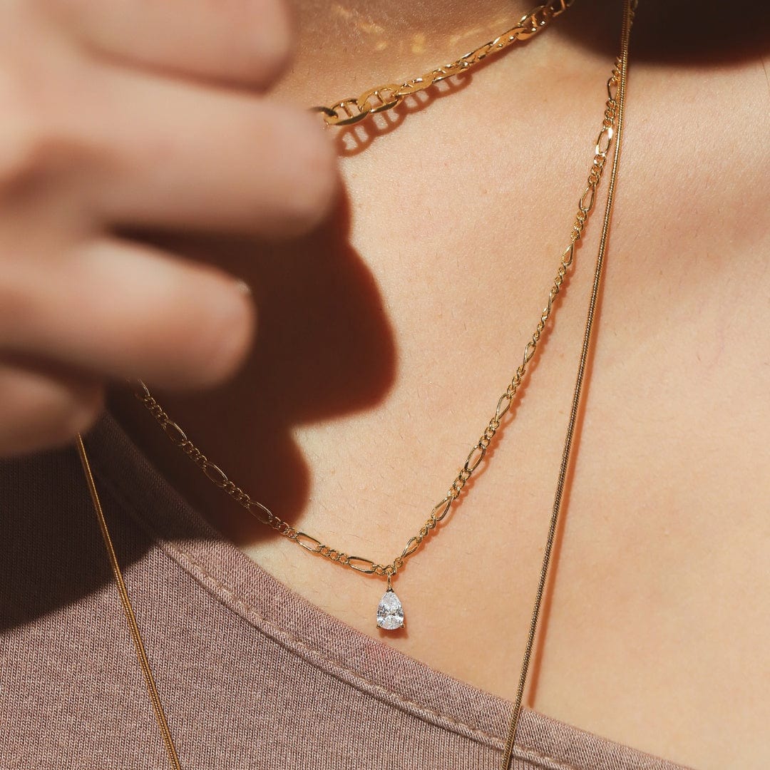 Gold Figaro Chain with Pear Shape CZ Pendant - Image 3