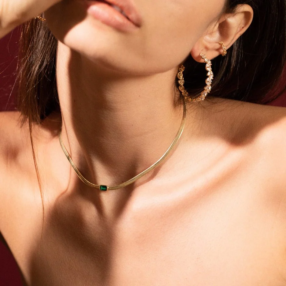 Gold Herringbone Necklace with Jewel Center - Image 3