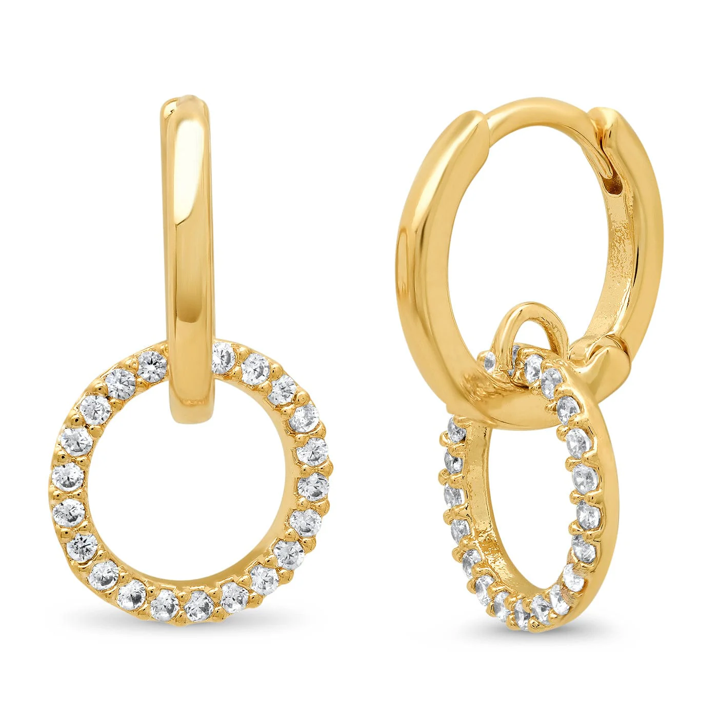 Gold Huggie With Pave Cz Open Circle Charm Dangle