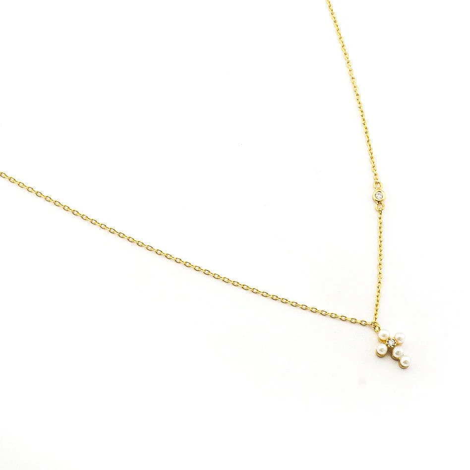 Simple Chain Necklace With Mini Gold Pearl Cross - Image 3