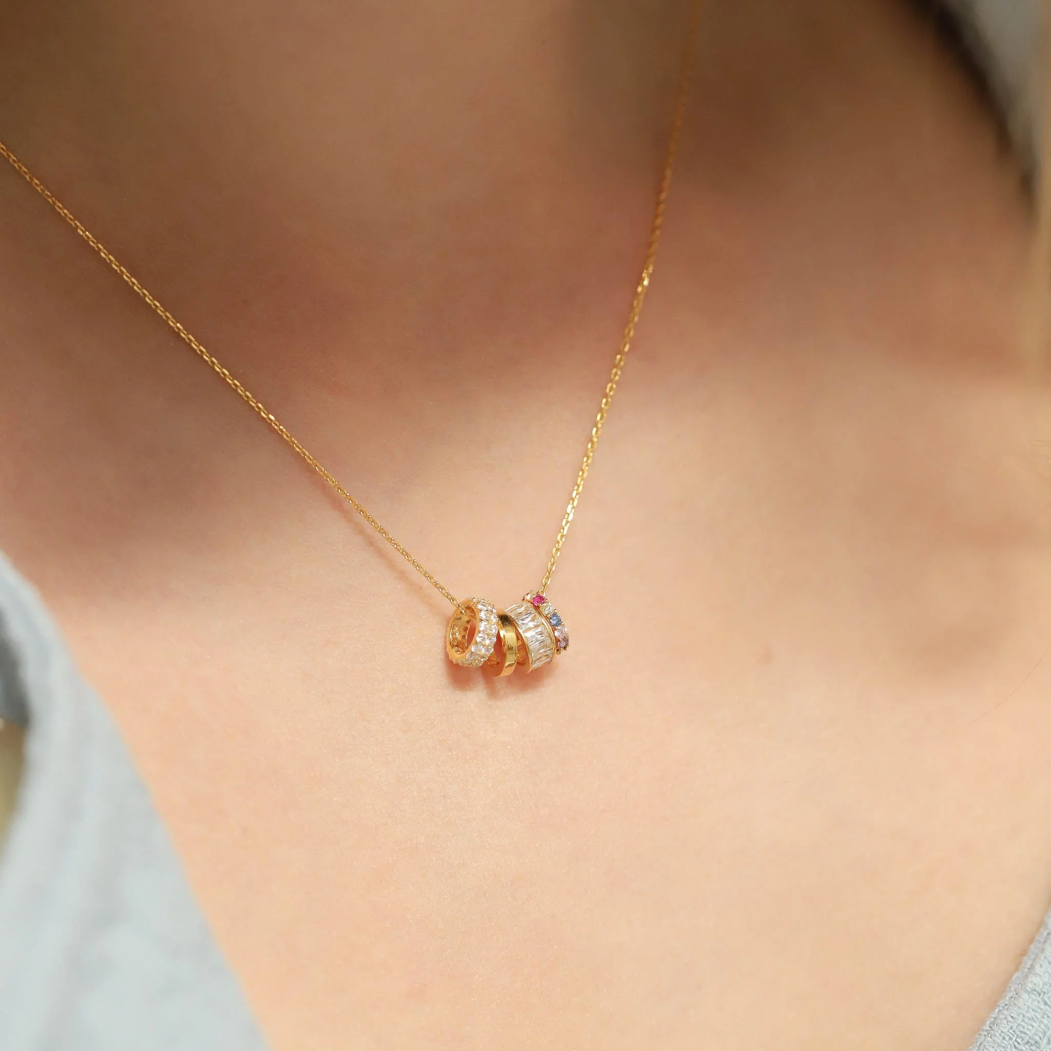 Gold Vermeil Necklace with Clear and Rainbow CZ Rondelles - Image 2