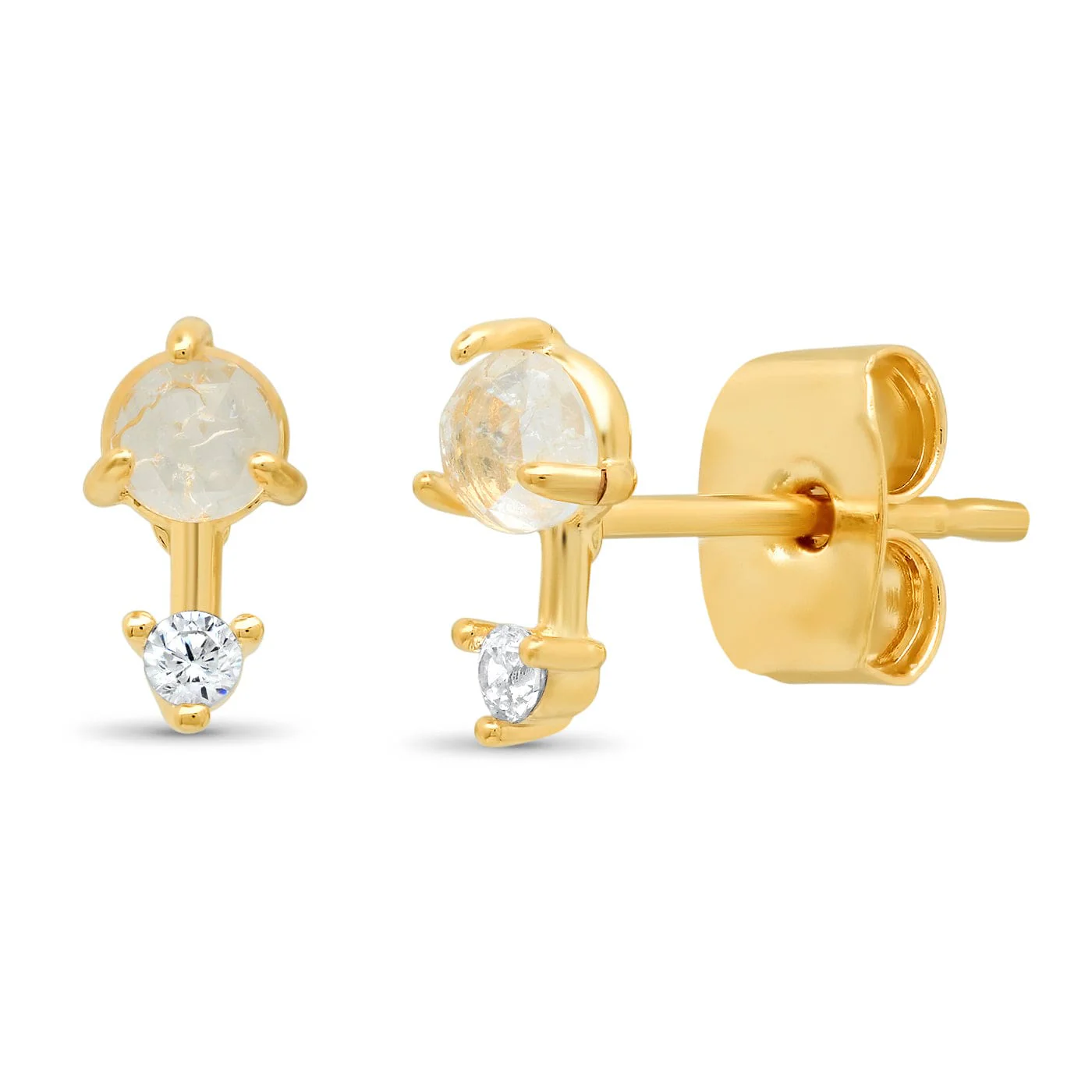 Clear Rock Crystal Stud With Gold Bar And Cz Accent