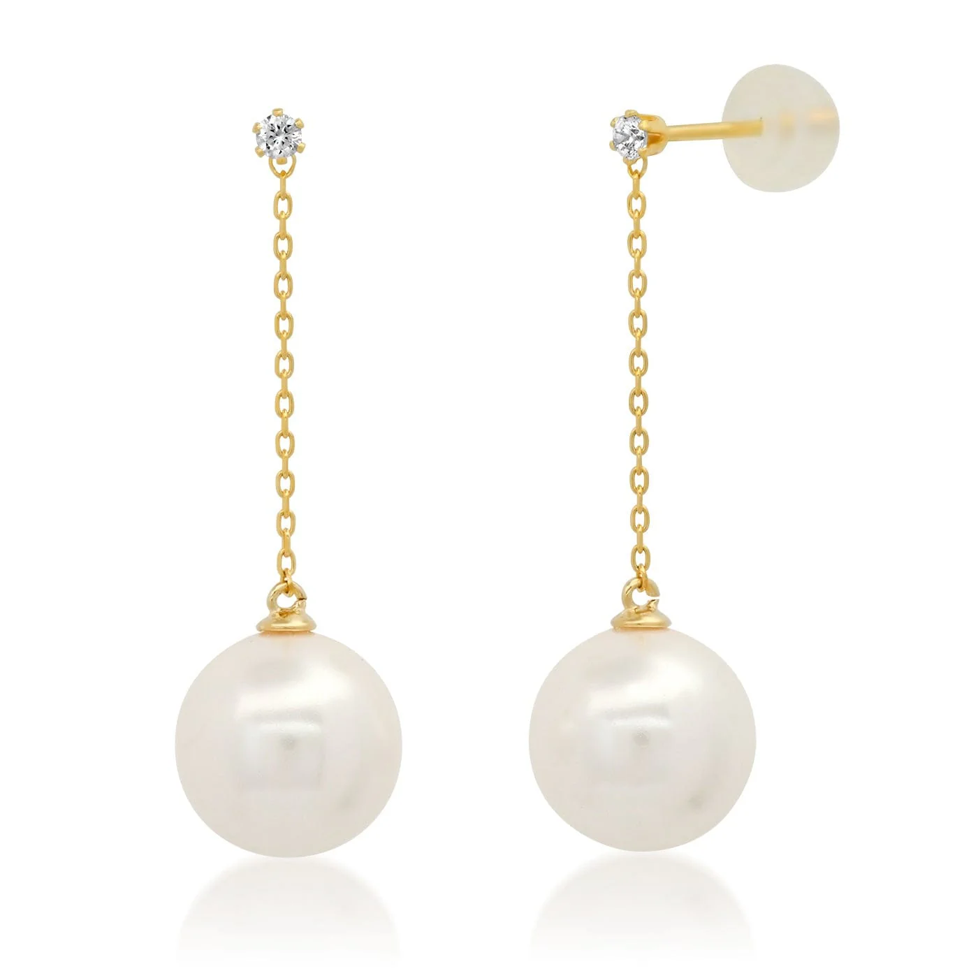 Large Pearl And CZ Linear Chain Earrings
