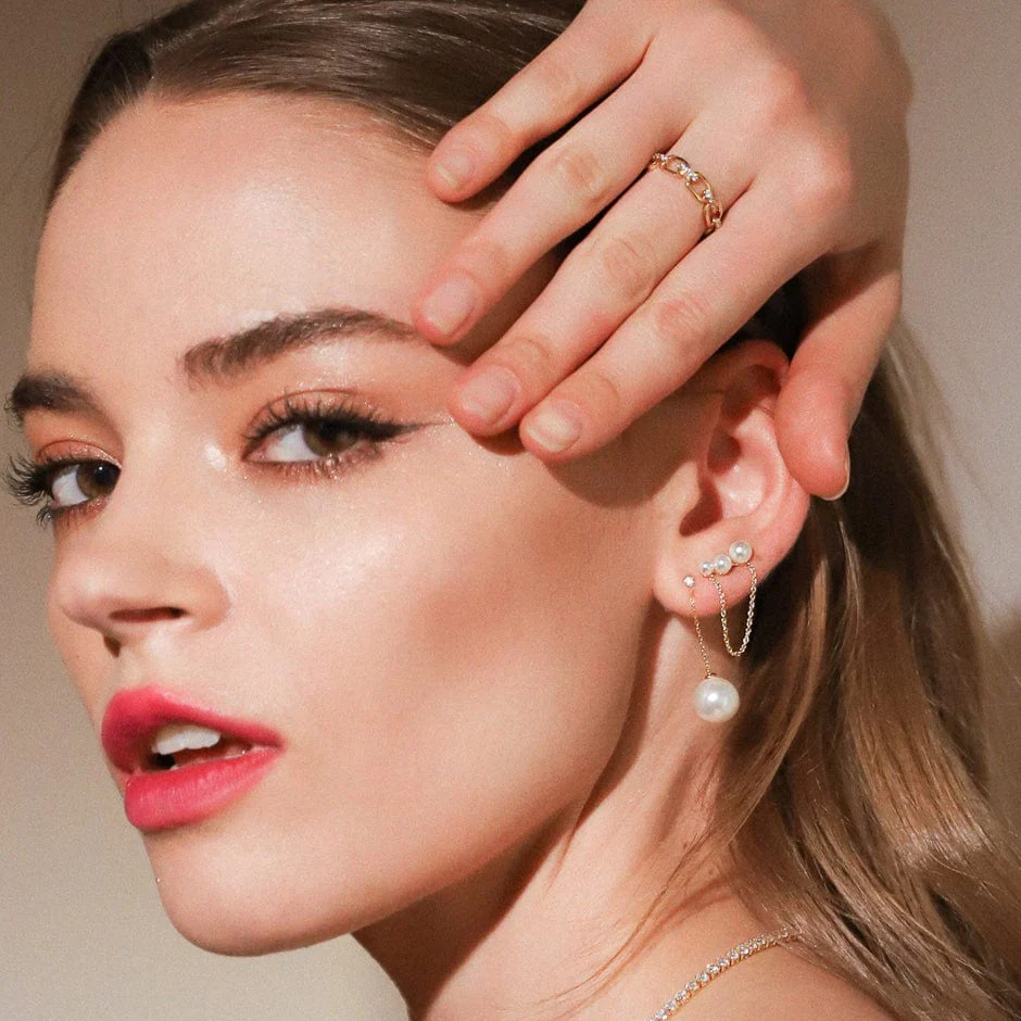 Large Pearl And CZ Linear Chain Earrings - Image 2