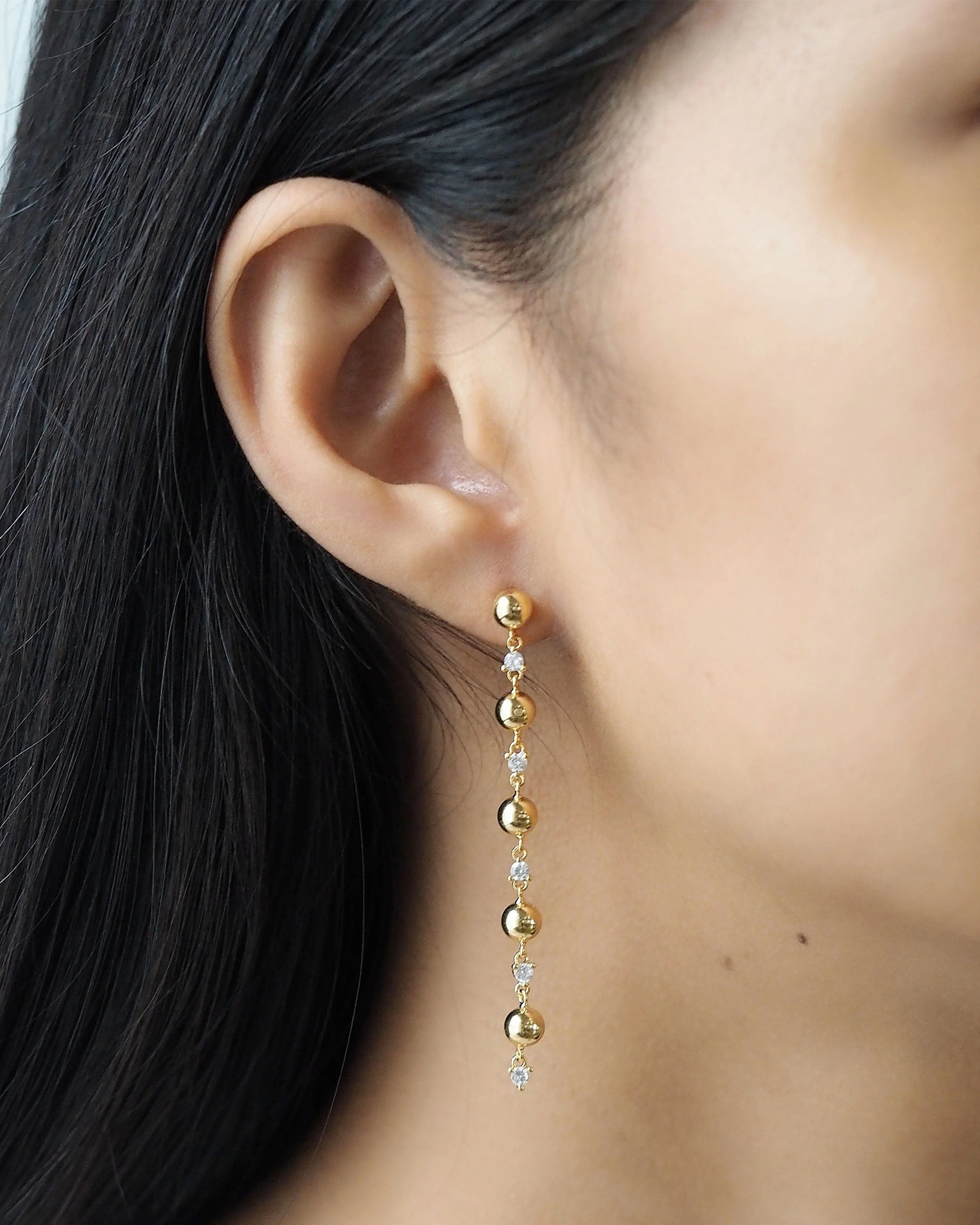 Linear Alternating Gold Ball And Cz Drop Earring - Image 2