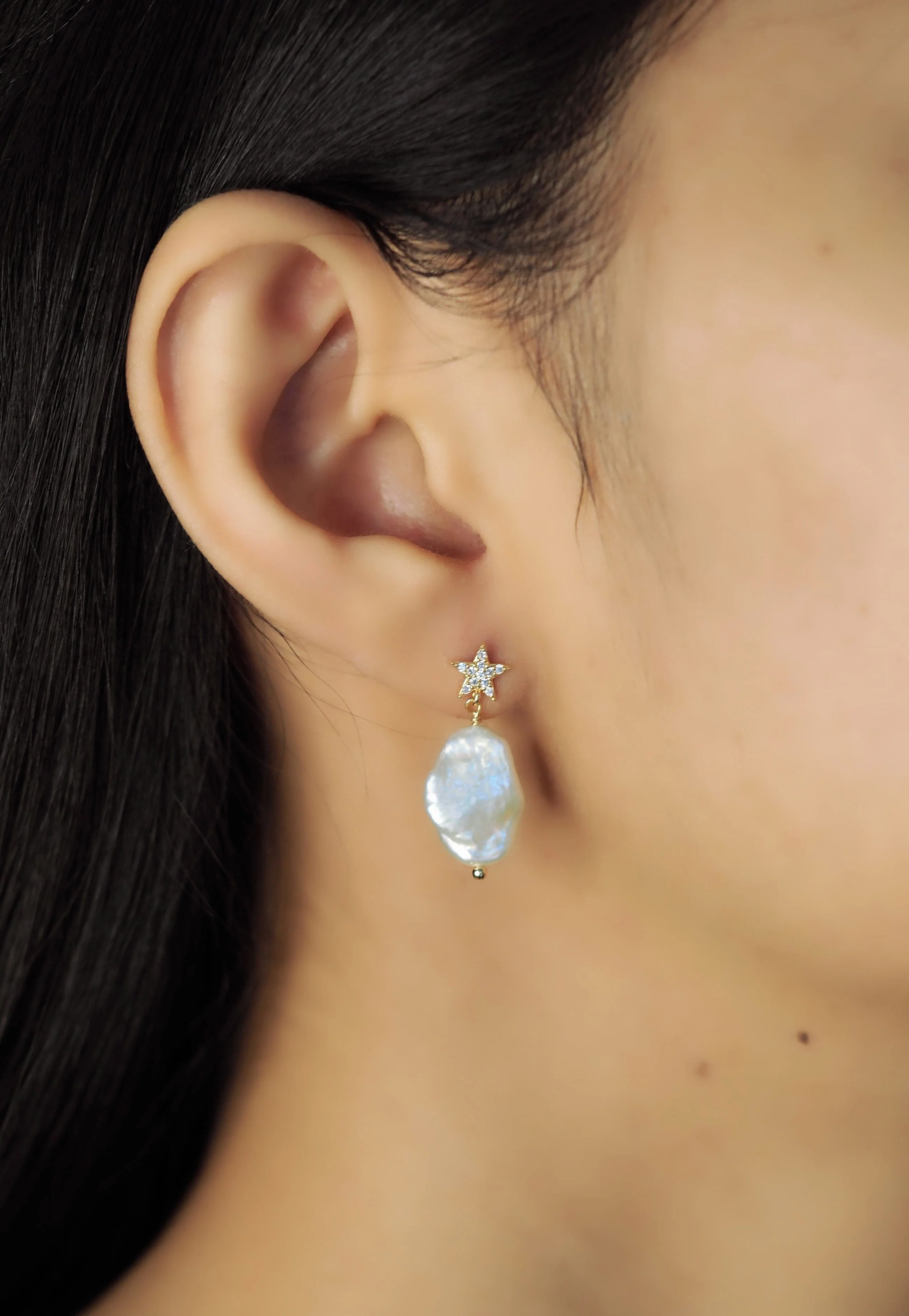 Pave CZ Star And Baroque Pearl Earrings - Image 3