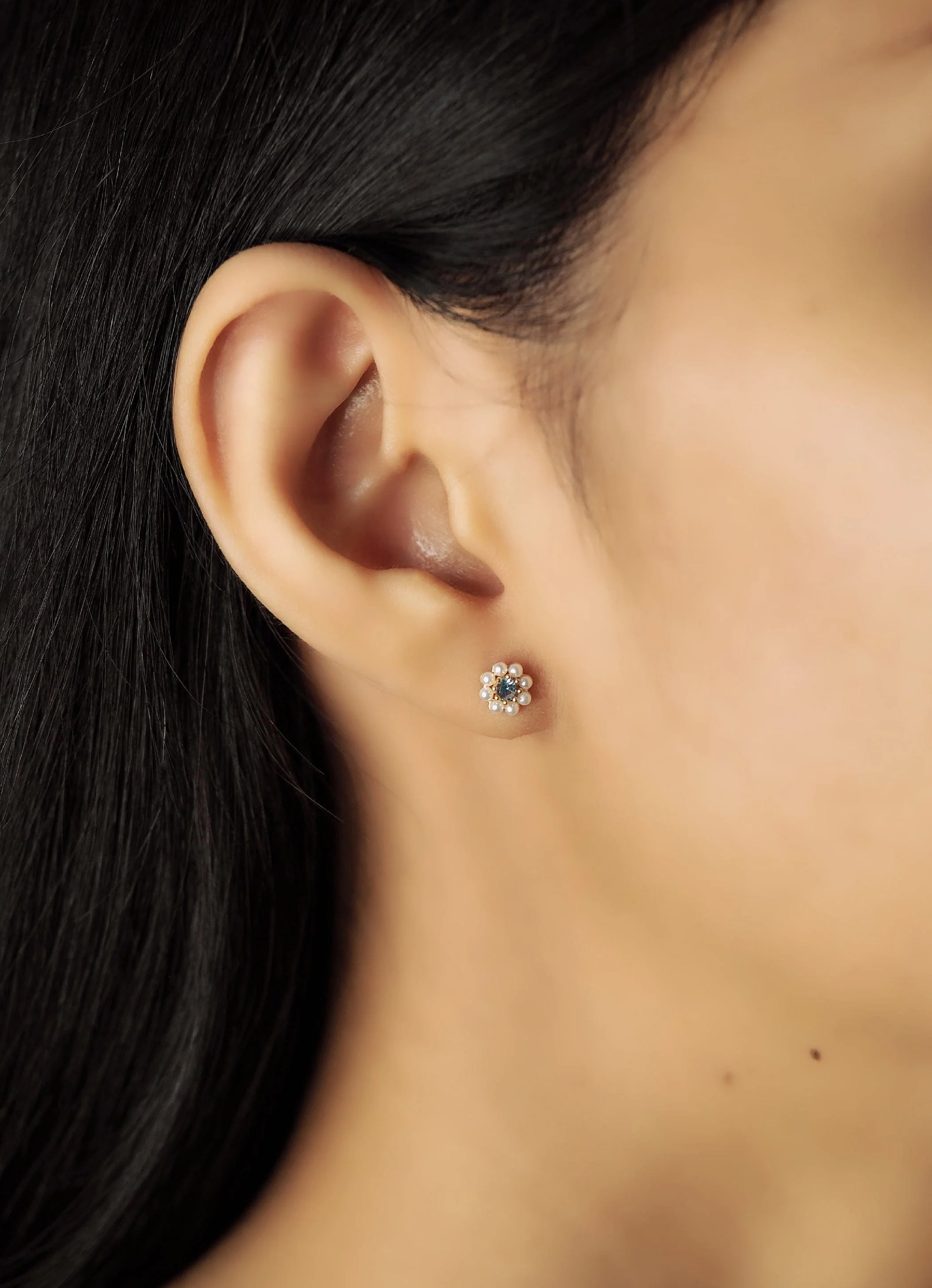 Pearl Flower Studs with Blue Center Stone - Image 2