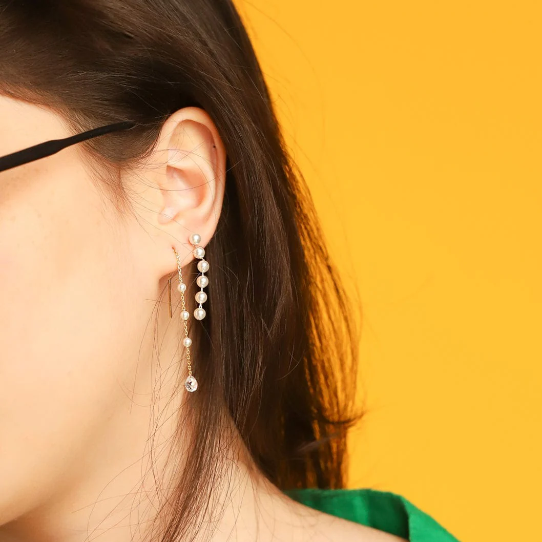 Pearl Station Threader Earrings - Image 3