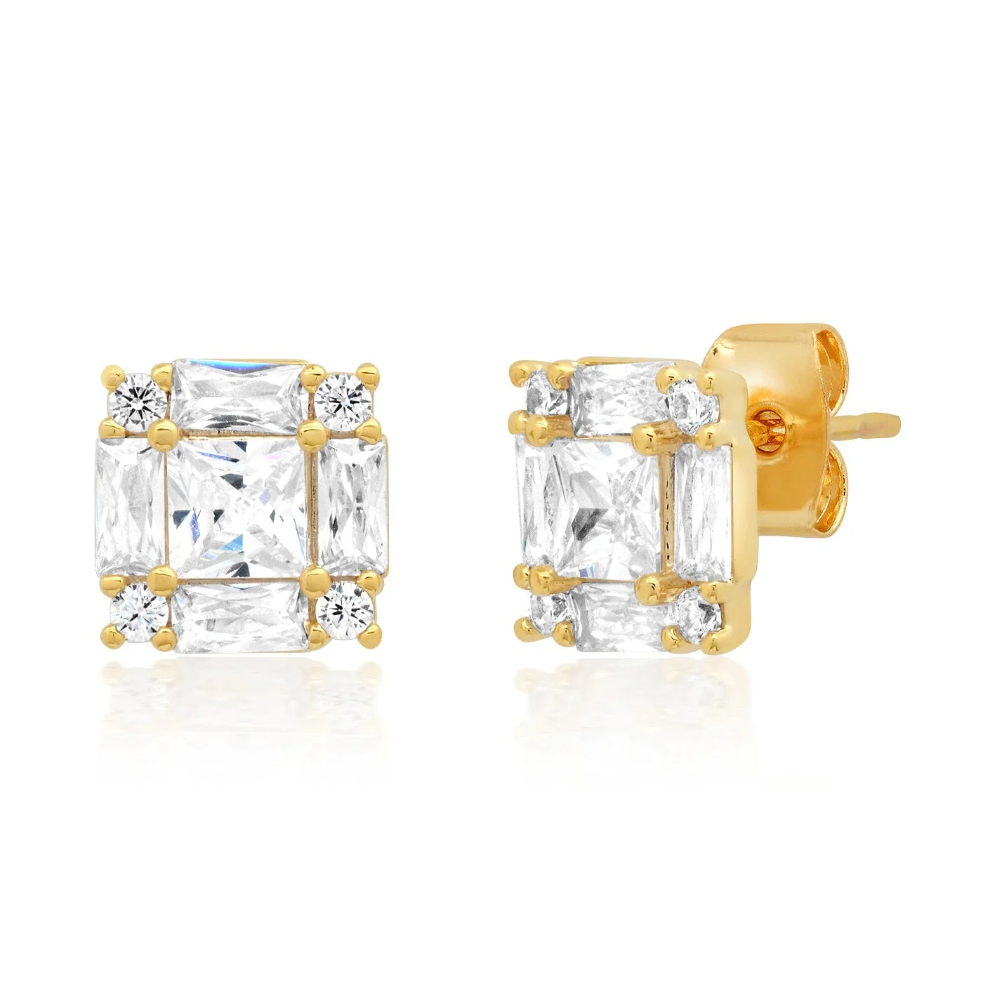 Princess Cut Cz Studs With Emerald And Round Cz Accents