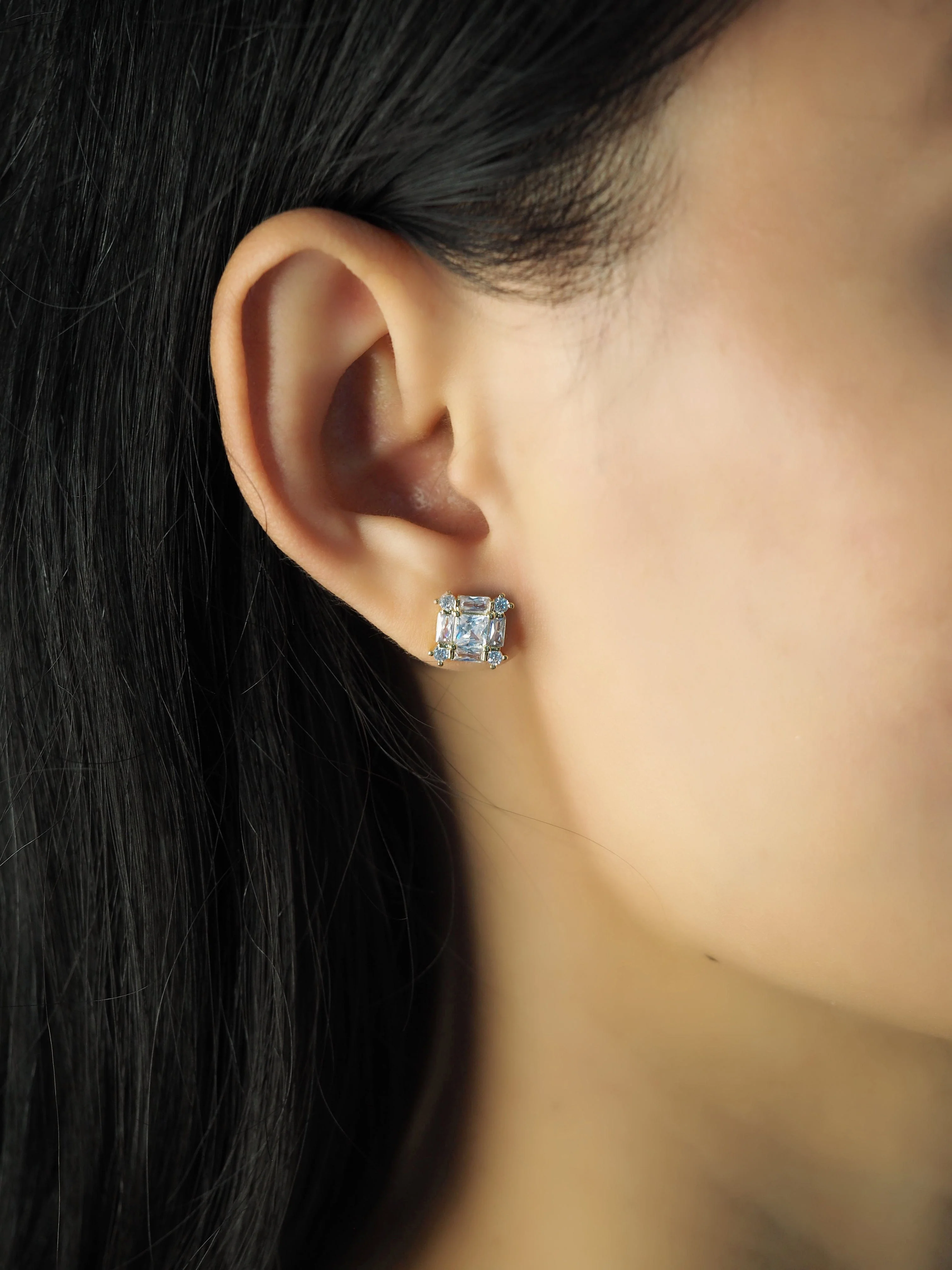 Princess Cut Cz Studs With Emerald And Round Cz Accents - Image 2