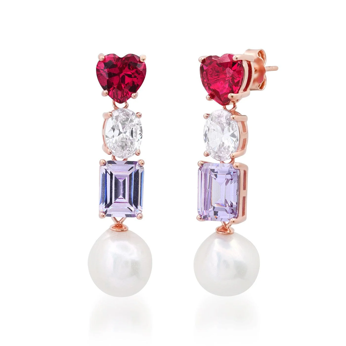 Red Heart Stone and Pearl Drop Earrings