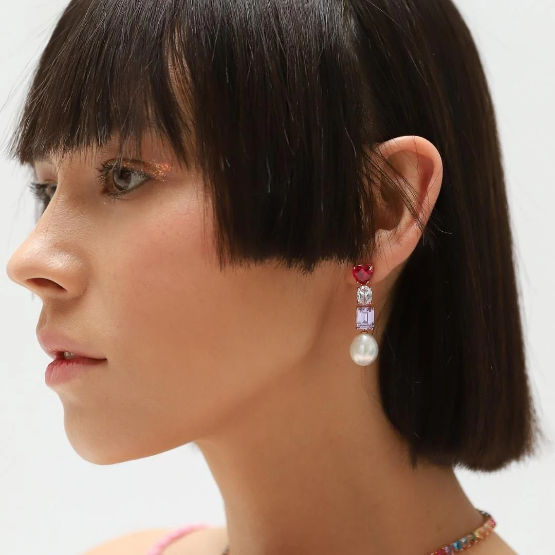 Red Heart Stone and Pearl Drop Earrings - Image 2