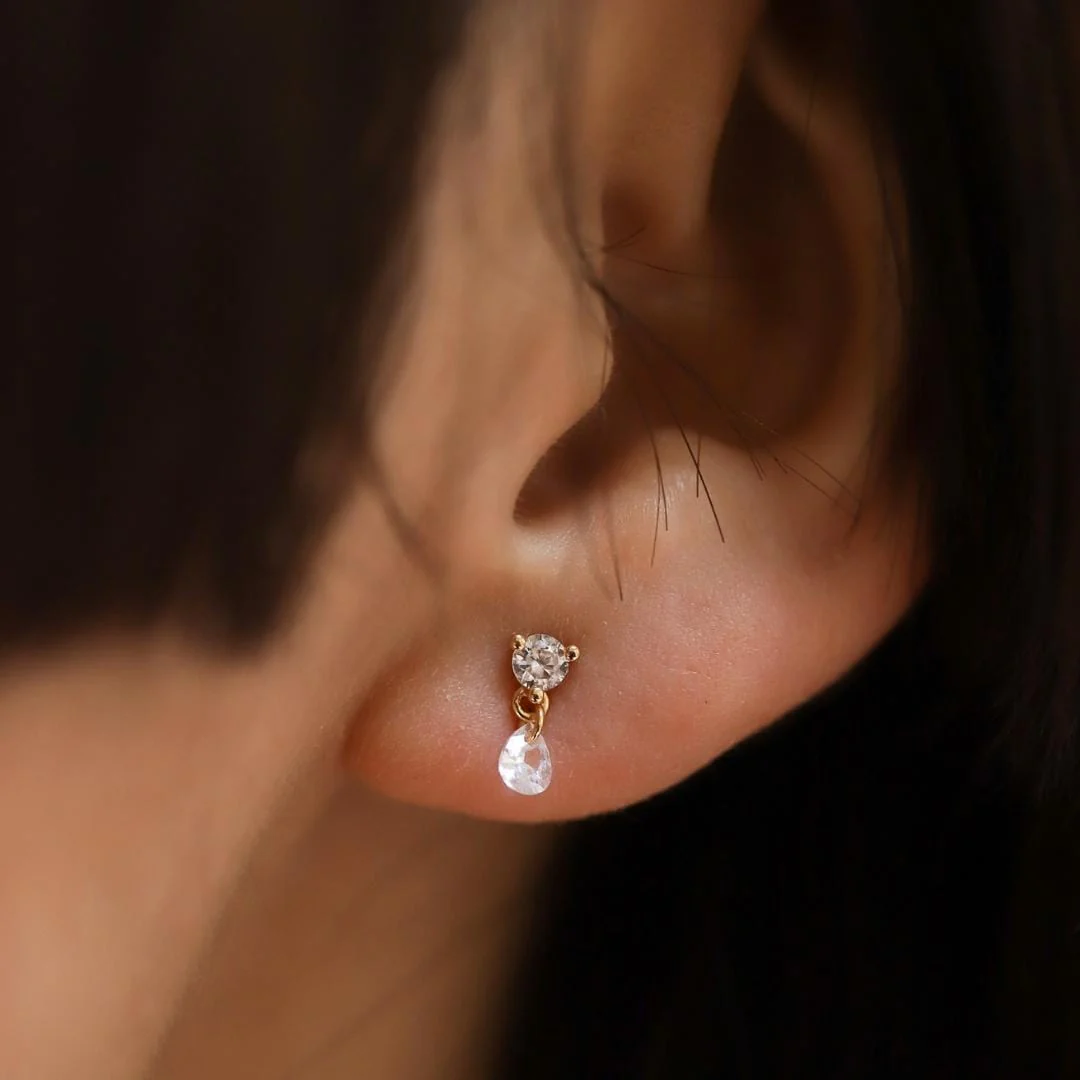 Round CZ Stud with Floating Pear CZ Drop - Image 2