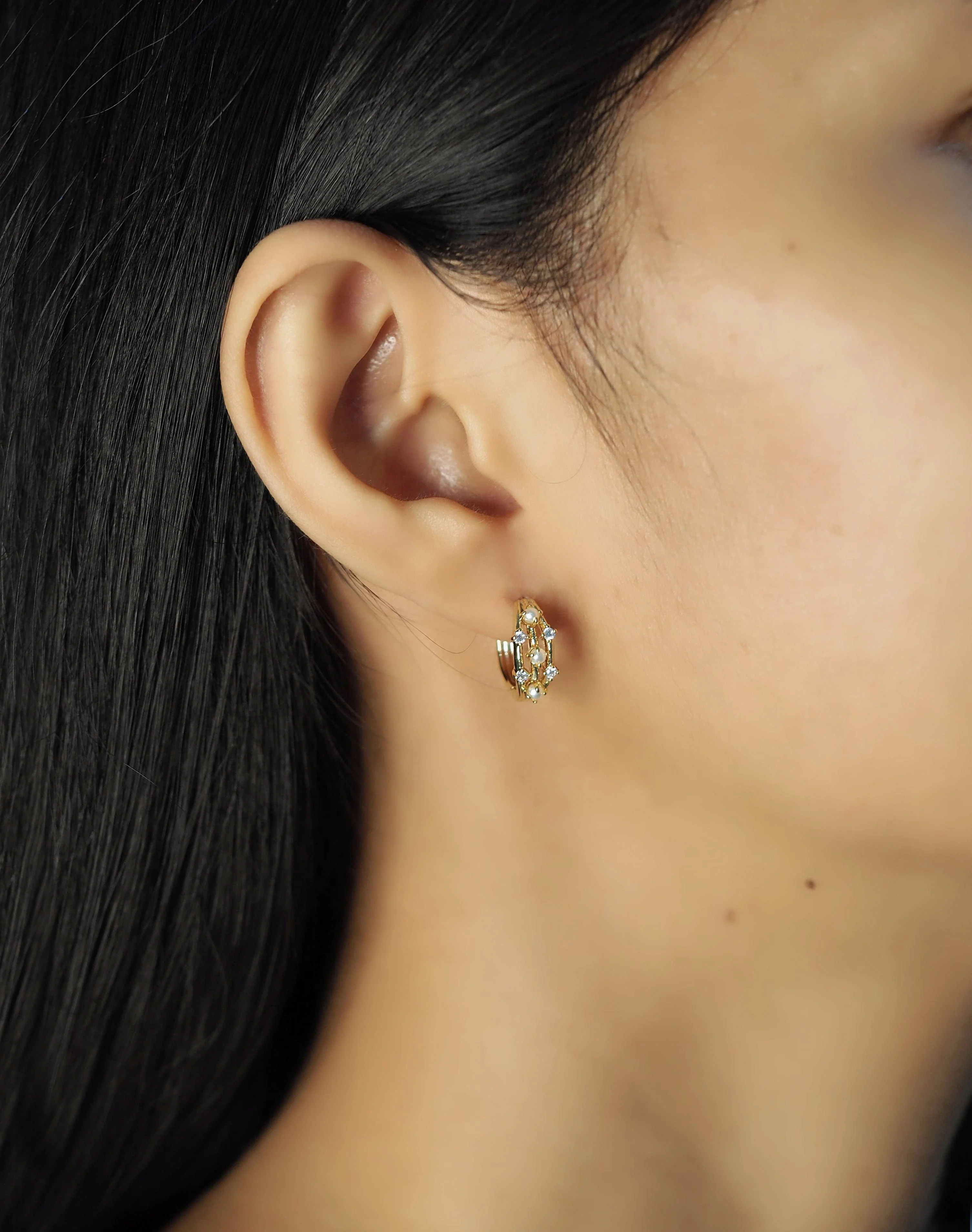 Small Triple Row Gold Hoop With Pearl And Cz Accents - Image 2