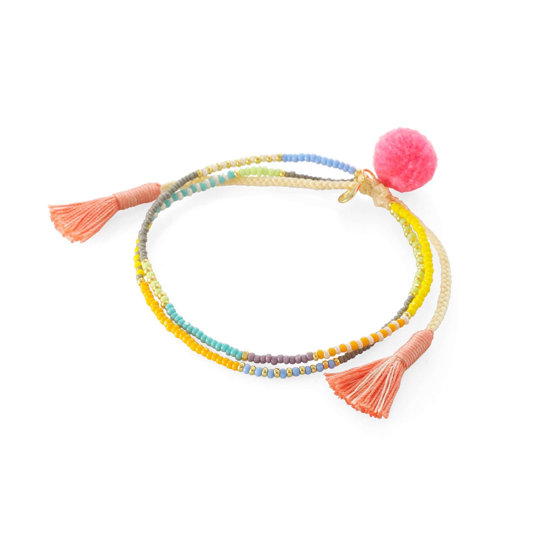 Tropical Beaded Double Strand Bracelet with Pom Pom Accents - Image 2