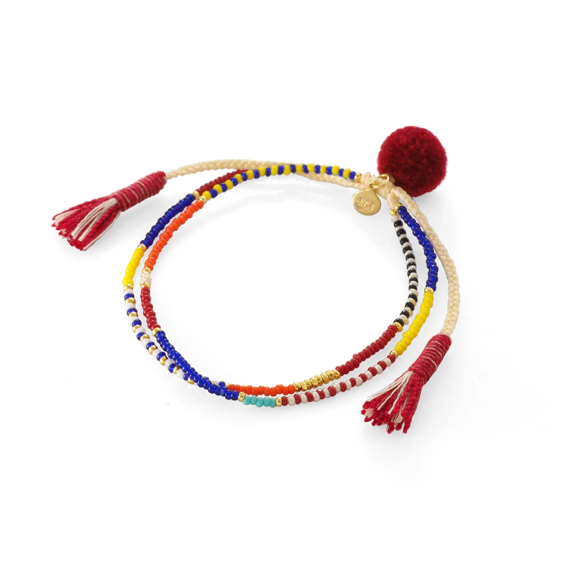 Tropical Beaded Double Strand Bracelet with Pom Pom Accents - Image 3